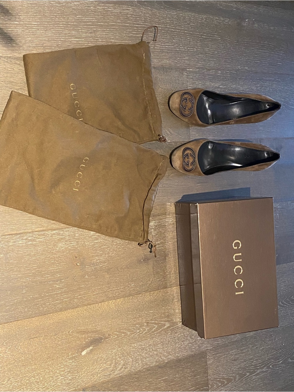 Gucci Brown Suede Logo Pumps 7 1/2 - Picture 2 of 11